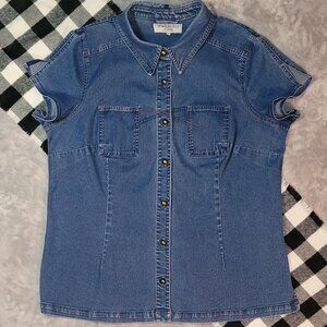 Vintage Blue Denim Short Sleeve Button Up Shirt - Top